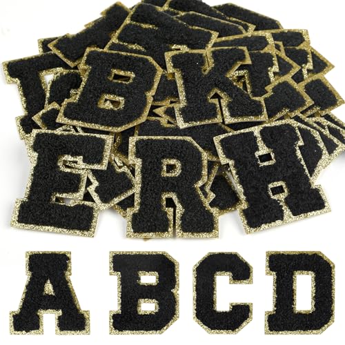 CHRORINE 26/52/104 Stück Selbstklebende Chenille Buchstabenflicken A-Z, Kann auch Nähen oder Bügeln, Bestickte Alphabet Patch Aufkleber für DIY Kleidung, Taschen, Hüte (26, Schwarz, Höhe 2,16″) von CHRORINE