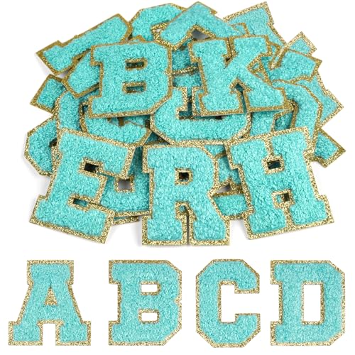 CHRORINE 26/52/104 Stück Selbstklebende Chenille Buchstabenflicken A-Z, Kann auch Nähen oder Bügeln, Bestickte Alphabet Patch Aufkleber für DIY Kleidung, Taschen, Hüte (52, Blau, Höhe 2,16″) von CHRORINE