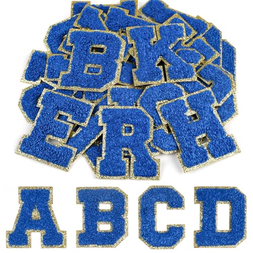 CHRORINE 26/52/104 Stück Selbstklebende Chenille Buchstabenflicken A-Z, Kann auch Nähen oder Bügeln, Bestickte Alphabet Patch Aufkleber für DIY Kleidung, Taschen, Hüte (52, Dunkelblau, Höhe 2,16″) von CHRORINE