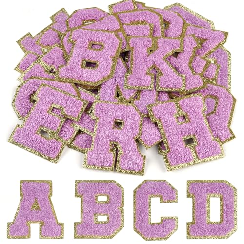 CHRORINE 26/52/104 Stück Selbstklebende Chenille Buchstabenflicken A-Z, Kann auch Nähen oder Bügeln, Bestickte Alphabet Patch Aufkleber für DIY Kleidung, Taschen, Hüte (52, Lila, Höhe 2,16″) von CHRORINE