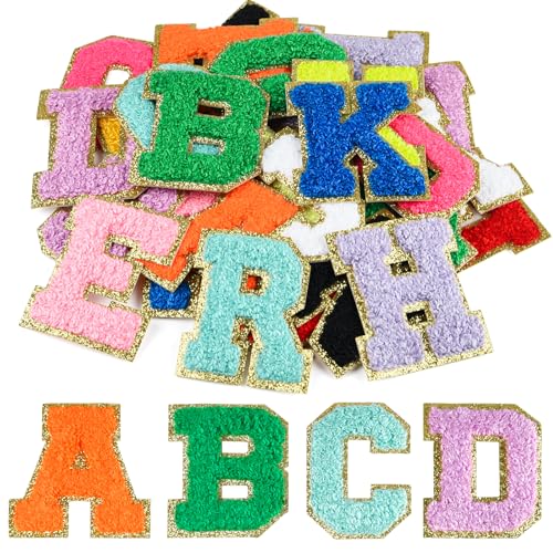 CHRORINE 26/52/104 Stück Selbstklebende Chenille Buchstabenflicken A-Z, Kann auch Nähen oder Bügeln, Bestickte Alphabet Patch Aufkleber für DIY Kleidung, Taschen, Hüte (52, Mehrfarbig, Höhe 2,16″) von CHRORINE