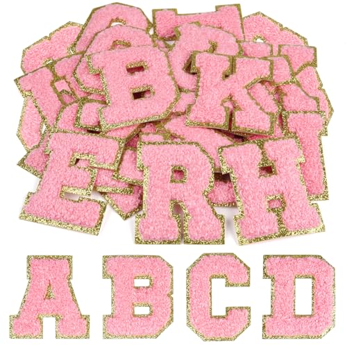 CHRORINE 26/52/104 Stück Selbstklebende Chenille Buchstabenflicken A-Z, Kann auch Nähen oder Bügeln, Bestickte Alphabet Patch Aufkleber für DIY Kleidung, Taschen, Hüte (52, Rosa, Höhe 2,16″) von CHRORINE