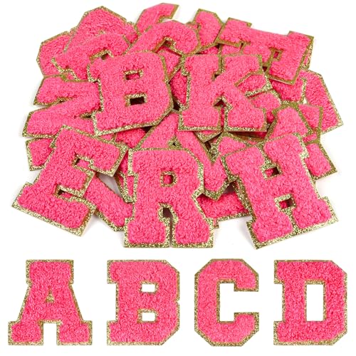 CHRORINE 26/52/104 Stück Selbstklebende Chenille Buchstabenflicken A-Z, Kann auch Nähen oder Bügeln, Bestickte Alphabet Patch Aufkleber für DIY Kleidung, Taschen, Hüte (52, Rosenrot, Höhe 2,16″) von CHRORINE