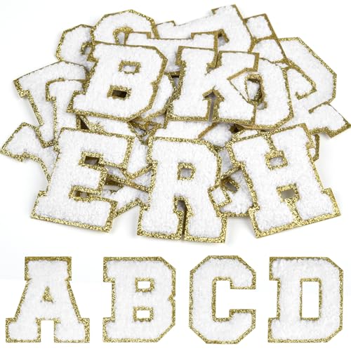 CHRORINE 26/52/104 Stück Selbstklebende Chenille Buchstabenflicken A-Z, Kann auch Nähen oder Bügeln, Bestickte Alphabet Patch Aufkleber für DIY Kleidung, Taschen, Hüte (52, Weiß, Höhe 2,16″) von CHRORINE