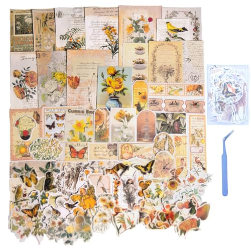 CHRYCELESTE 200 Stück Vintage-Scrapbook-Aufkleber und Papier – Blumen, Schmetterlinge, Vögel, Aufkleber (gelbes Märchen) von CHRYCELESTE