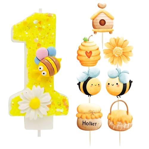 1 Stück Bienenblumenkerze, 7 Stück Kucheneinsätze, Erste Geburtstagskerzen, Zahlenkerzen, Kreative Designkerzen, Geburtstagskuchendekorationen von CHSZSH
