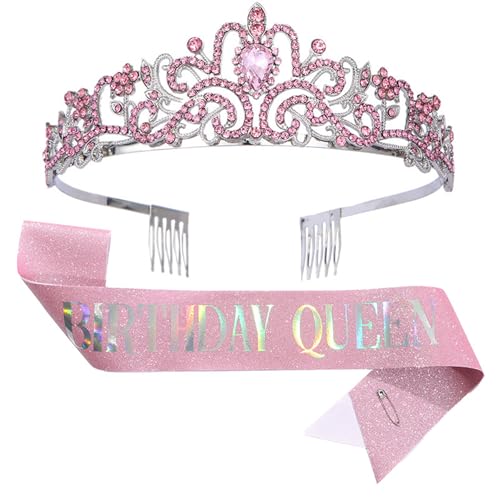 CHTENG Birthday Queen Schärpe und Tiara Strass Krone Stirnband für Geburtstag Party Supplies (Rosa) von CHTENG