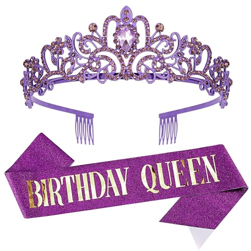 CHTENG Birthday Queen Schärpe und Tiara Strass Krone Stirnband für Geburtstag Party Supplies (lila) von CHTENG