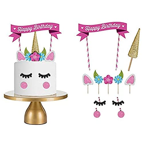 CHUANGOU Unicorn Cake Topper Happy Birthday Cake Topper Set, Pink Unicorn Theme with Eyelashes Reusable, Für Geburtstagsfeier, Hochzeit, Babyparty von CHUANGOU