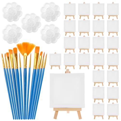 CHUENKUK Mini Leinwand mit Staffelei Set mit Pinsel und Farbpaletten, 10x10 cm 24-teilig Leinwand Zum Bemalen mit Holzstaffelei für Kunst und Hobby von CHUENKUK