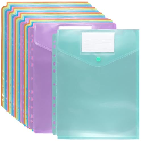 CHUIFAI 24 Stück A4 Dokumententasche zum Abheften, 6 Farben Bunt A4 Dokumentenmappe mit Druckknopf und Etikettentasche, 11 Lochtaschen Sichttaschen Sammelmappe für Dokument Organisieren von CHUIFAI