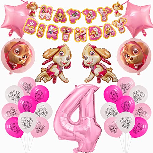 Dog Geburtstagsdeko Mädchen 4 Jahre Kinder Geburtstag Deko mit Rosa Hund Patrol Deko Geburtstag 4. Ballon Skye Luftballons Folienballons Happy Birthday Banner Thema Kindergeburtstag Party Deko von CHUKUA