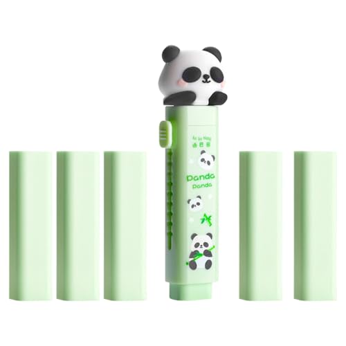 CHUNLINLAODA Radiergummi Im Panda-Stil Und Grün, 1 einziehbare Radiergummi + 5 Refill Radiergummis, Radiergummis für Kinder, Kawaii Radier-gummi, für Kinder Schule Bürobedarf Schreibwaren (Grün) von CHUNLINLAODA