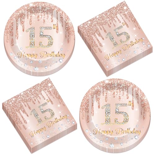 50 Stück rotgoldene Pappteller und Servietten für Mädchen, 15. Geburtstag, Dekoration, Rosa, 15 Jahre altes Geschirr, Partyzubehör, Rosen, goldene Geburtstage, Tischdekoration, Gastgeschenke für 50 Stück rotgoldene Pappteller und Servietten für Mädchen, 15. Geburtstag, Dekoration, Rosa, 15 Jahre altes Geschirr, Partyzubehör, Rosen, goldene Geburtstage, Tischdekoration, Gastgeschenke für von CHUNNIN