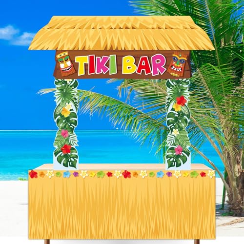 CHUNNIN Tiki Bar Hut Banner Hawaii Luau Party Dekoration Tiki Veranda Schild Türabdeckung Palmblätter Hängender Hintergrund Tropische Blume Stoff Tischrock für Sommer Pool Strand Aloha Party Supplies von CHUNNIN