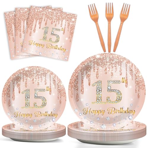Partyteller und Servietten zum 15. Geburtstag, Partyzubehör zum 15. Geburtstag, rotgoldenes Papier-Dessertteller, Geschirr-Set für Männer und Frauen, 24 Gäste, Party-Dekorationen Partyteller und Servietten zum 15. Geburtstag, Partyzubehör zum 15. Geburtstag, rotgoldenes Papier-Dessertteller, Geschirr-Set für Männer und Frauen, 24 Gäste, Party-Dekorationen von CHUNNIN