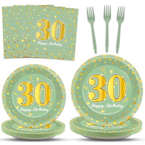 Partyteller und Servietten zum 30. Geburtstag, für Damen und Herren, Salbeigrün, Partyzubehör, Themen-Dessertteller, Geschirr-Set für 24 Gäste, Geburtstagsparty-Dekorationen, 96 Stück Partyteller und Servietten zum 30. Geburtstag, für Damen und Herren, Salbeigrün, Partyzubehör, Themen-Dessertteller, Geschirr-Set für 24 Gäste, Geburtstagsparty-Dekorationen, 96 Stück von CHUNNIN