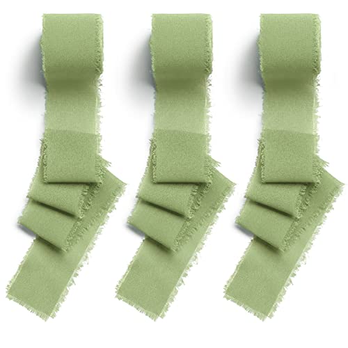 CHUQING Band Eukalyptus grün 3 Rollen Geschenkband Chiffon Schleifenband Fransen 38mm x 6,3 m Seidenband zum Verpacken von Geschenken, Blumensträuße, Hochzeitseinladungen von CHUQING