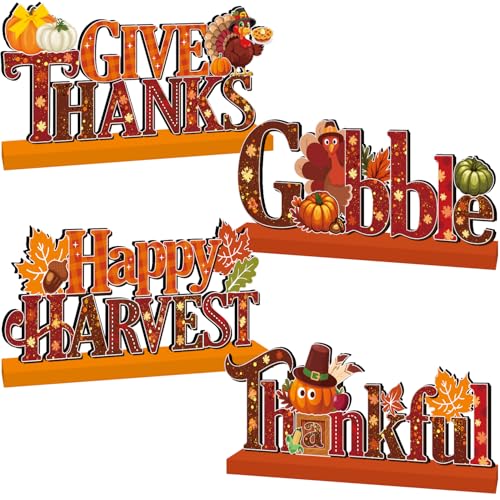 4 Stück Thanksgiving-Dekorationen für Partys, Thanksgiving Holz-Tischaufsätze, Herbstdekorationen, Happy Harvest Dekorationen von CHYAGCLT