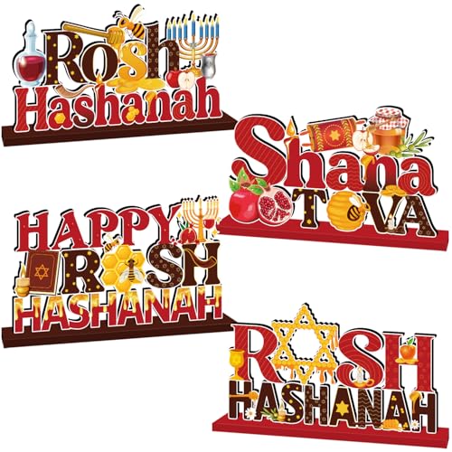 Rosh-Hashanah-Dekorationen, Happy Rosh Hashanah, Holz-Tischdekoration, jüdische Neujahrsparty-Dekorationen für Shana Tova Partyzubehör, 4 Stück von CHYAGCLT