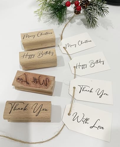 Gummistempel-Set mit Aufschrift "Happy Birthday", mit Liebe, Dankeschön, Frohe Weihnachten, dekoratives niedliches Holzstempel-Set für Bastelarbeiten, Scrapbook, 4 Stück von CHYHMYT