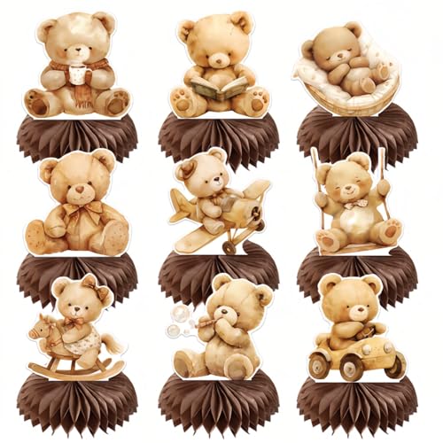 CHarmeFleur 9 Stück Bären Baby Dusche Waben Zentrumstücke Bären Geburtstagsartikel Bären Baby Dusche Dekorationen Teddy Bären Tischkronen für Teddy Bären Themen Baby Dusche von CHarmeFleur