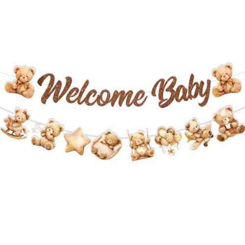 CHarmeFleur Willkommen Baby Teddy Bär Banner Willkommen Baby Oh Baby Braun Glitzer Baby Dusche Dekorationen Geschlechts Offenbarung Party Artikel Bären von CHarmeFleur