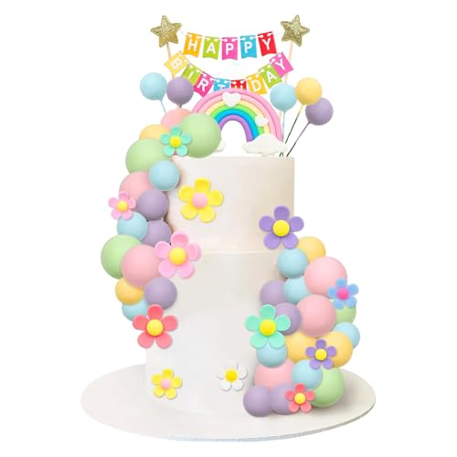 CharmeFleur 39 Stück Pastellfarbene Kugeln Kuchen Deko Gänseblümchen Blumen Cupcake Deko Boho Regenbogen Kuchen Topper Mit Happy Birthday Banner Für 70er Groovy Hippie von CHarmeFleur