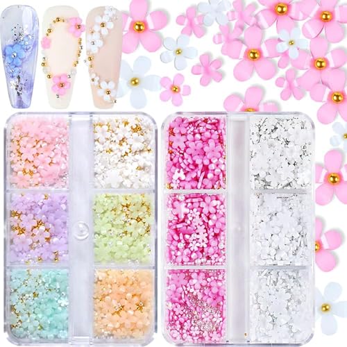CharmeFleur 3D Blumen Nagel Charm 2 Boxen 3D Acryl Blumen Nageldesign Charm Und Steine Weiß Rosa Gemischt Kirschblüte Frühling Strasssteine Acryl Nagel Zubehör Mit von CHarmeFleur
