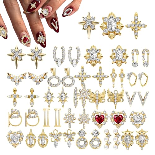CharmeFleur 48 Stück Charms Gold 3D Nagel-Gems Herz Strass Glitzer Diamanten Metall Kristalle Schmuck Luxus Verzierung mit Aufbewahrungsbox für Frauen DIY Hand Schönheit, 24 Stile von CHarmeFleur