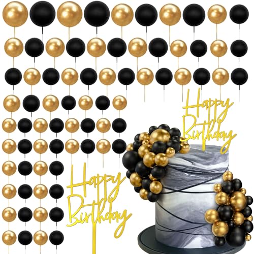 CharmeFleur 75 Stück Schwarz Gold Kuchen Deko Kugeln Happy Birthday Einsteckkarten Für DIY Kuchen Deko Baby Shower Hochzeit von CHarmeFleur