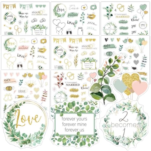 CharmeFleur Hochzeitsaufkleber für Scrapbooking - 8 Blätter 200+ Stk Romantische Gold-Grün Hochzeitsaufkleber Selbstklebend wasserfest Brautartikel für Planer Briefe an die Braut Scrapbook von CHarmeFleur