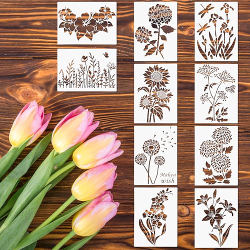 10 Stück große Blumenschablonen für Holzzaun, Blumenschablonen zum Malen an Wänden, extra große Sonnenblumenschablone, wiederverwendbare Vorlagen für Holz, Gartenzaun, Möbelstoffe, DIY-Dekoration von CIATBYYJ