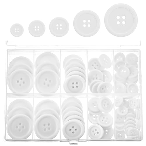 100 Stück Weiß Knöpfe,Round Knöpfe zum Annähen,5 Größen Hemdknöpfe,4 Löcher Harz DIY-Knöpfe,Nähknöpfe mit Box für Nadeln Stricken Handwerk(1/1.25/1.5/2/2.5cm) von CIATBYYJ