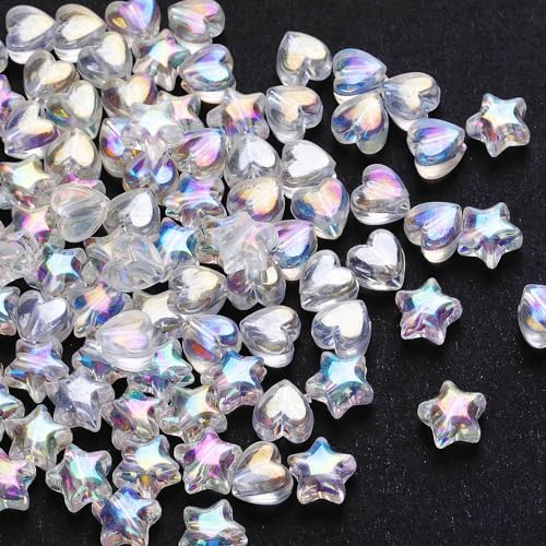 100-teiliges transparentes Acrylperlen-Set, 50 Stück Herzform und 50 Stück Sternperlen für Schmuckherstellung, DIY-Armbänder, Halsketten und Ohrringe, niedliche Charm-Perlen mit 1 Rolle Kristallschnur von CIATBYYJ