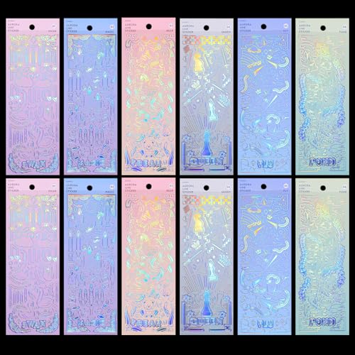 12 Blatt Holografische Deko Aufkleber,6 Themen Transparentes Glitzer Sticker,Laser PET Fotoalbum Sticker,Niedliche Glitzer Y2K Aufkleber,für DIY Scrapbooking Fotoalbum Journal Handyhülle von CIATBYYJ