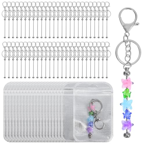 150-teiliges Perlen-Schlüsselanhänger-Set – 50 x silberfarbene Blanko-Schlüsselanhänger-Stangen mit 50 Verschlüssen und 50 Schlüsselanhängern, zur Herstellung von Zubehör, Taschen von CIATBYYJ