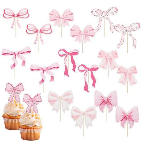 18 Stück Rosa Schleife Cupcake Deko, 9 Muster Niedlich Schleife Cupcake Topper, Tortendeko Schleifen, Schleife Deko Geburtstag Essbar für Hochzeit Babyparty Bachelorette Party von CIATBYYJ