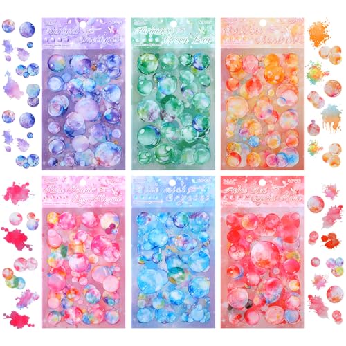 24 Blatt Aquarell Blasen Scrapbooking Aufkleber,PET Bunt Sticker Set,Feen Aufkleber für Scrapbook Fotoalbum Sammelalbum Laptops Handwerk (6 Farben) von CIATBYYJ