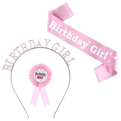 3 Stück Geburtstagsschärpe für Frauen Geburtstag Mädchen Dekorationen Set Rosa Geburtstage Mädchen Schärpe mit Pin Geburtstage Mädchen Stirnband und Party Badge Haarschmuck für Kinder Mädchen von CIATBYYJ