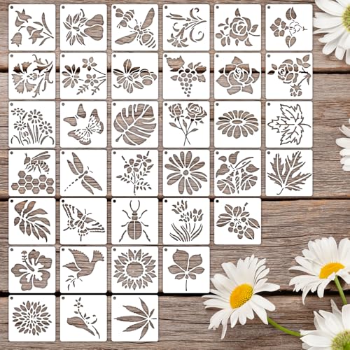 36 Stück 7,6 cm Blumenschablonen, kleine Schablonen zum Basteln, wiederverwendbare Malvorlage für Wand, Schmetterling und Vogel, Schablone für Malerei, Heimdekoration, Kunstprojekte von CIATBYYJ