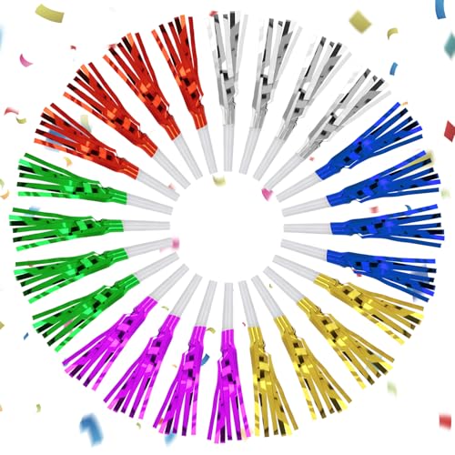 Bunte Geräuschmacher mit glitzernden Metallic-Fransen, laute Party-Gebläse, 5 verschiedene Farben, für Erwachsene, Geburtstag, Abschlussfeier, Neujahr, Partyzubehör, 24 Stück von CIATBYYJ