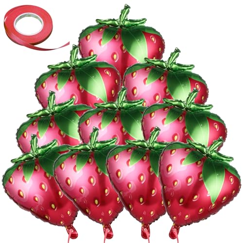 Erdbeer-Folienballons, Erdbeer-Party-Dekorationen, Jumbo, wiederverwendbar, Erdbeer-Partyzubehör für Hochzeit, Geburtstag, Babyparty, Party, 10 Stück (mit 1 Rolle rotem Band) von CIATBYYJ