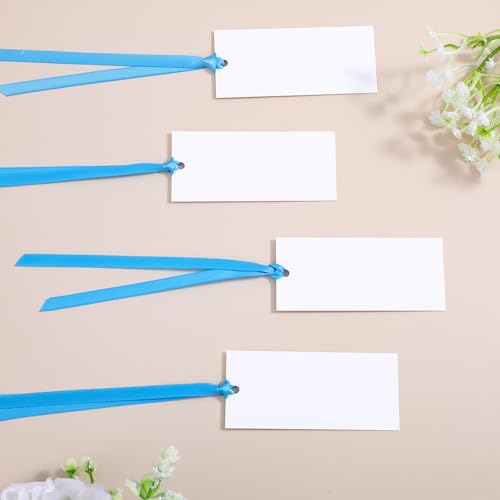 Namenskarten für den Tisch, Hochzeits-Namenskarten mit Satinband, 8,9 x 4,1 cm, Geschenkanhänger mit Schnur für Hochzeit, Abendessen, Bankett, Partyzubehör (blaues Band), 50 Stück von CIATBYYJ
