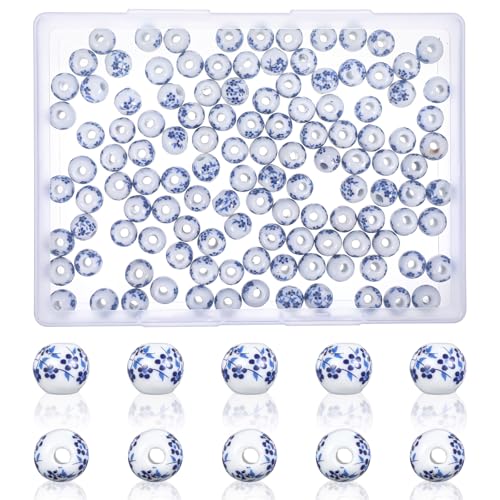 Runde Porzellanperlen, 10 mm, lose Keramikperlen, Blumendruckperlen, handgefertigtes Porzellan-Bastelset für Schmuckherstellung, Basteln, Armbänder, Halsketten, 120 Stück (blau) von CIATBYYJ