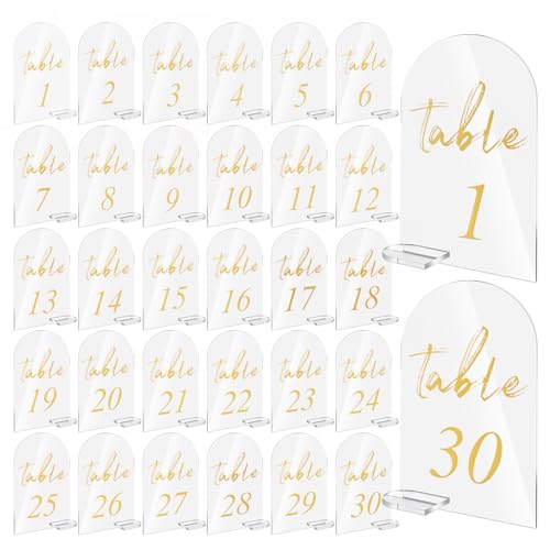 Tischnummern 1–30, klare Tischnummern mit Ständer, transparenter Hochzeitstischnummer-Präsentationsständer für Hochzeit, Empfang, Veranstaltung, Party-Dekorationen (10,2 x 15,2 cm), 30 Stück von CIATBYYJ