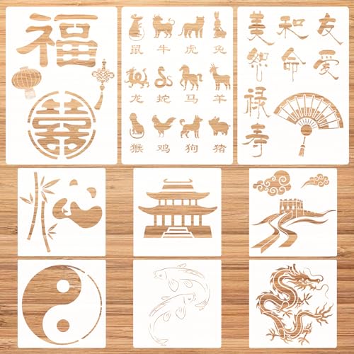 9-teiliges chinesisches Schablonen-Set, chinesische FU-Charaktere, Schablonen, Doppelglücksdrache der große Wandschablonen, Sternzeichen, Malschablonen zum Malen auf Wandfliesen, Holz, DIY, Kunst, 9-teiliges chinesisches Schablonen-Set, chinesische FU-Charaktere, Schablonen, Doppelglücksdrache der große Wandschablonen, Sternzeichen, Malschablonen zum Malen auf Wandfliesen, Holz, DIY, Kunst, von CIEMODA