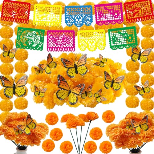 65 Stück Tag der Toten Dekorationen, 2 künstliche Ringelblumen-Girlanden, mexikanische Party, Papel, Picado, Banner, 30 Ringelblumenblumen mit Stiel, 24 Schmetterlinge für Dia De Los Muertos indische von CIEOVO