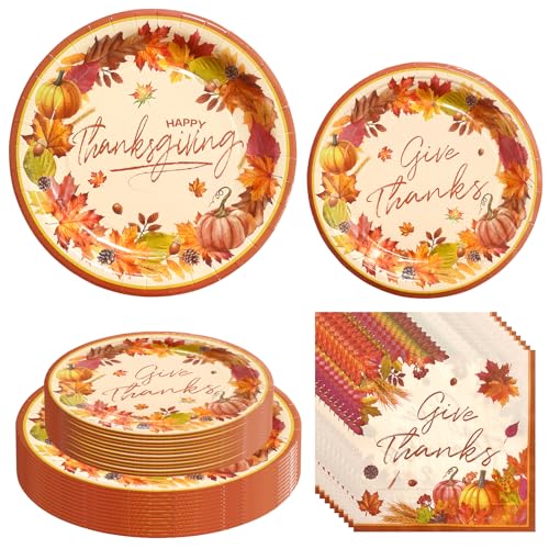 72-teiliges Set mit herbstlichen Tellern und Servietten-Sets – Happy Thanksgiving rundes Geschirr Einweggeschirr für Abendessen, Dessertteller, Geschirr für Herbsternte, Dekoration von CIEOVO
