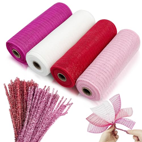 Cieovo 4 Rollen Valentinstag Poly Mesh Band Drahtrand Poly Deco Mesh Ribbon 100 Glitzer Pfeifenreiniger Bastelstiele für Valentinstag Kranz Handwerk Kränze Dekorieren Cieovo 4 Rollen Valentinstag Poly Mesh Band Drahtrand Poly Deco Mesh Ribbon 100 Glitzer Pfeifenreiniger Bastelstiele für Valentinstag Kranz Handwerk Kränze Dekorieren von CIEOVO